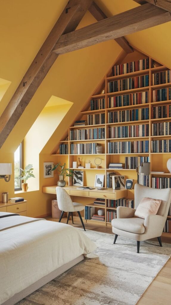 A cozy yellow bedroom with an angled ceiling, a large bed, a desk area, and a wall of bookshelves.