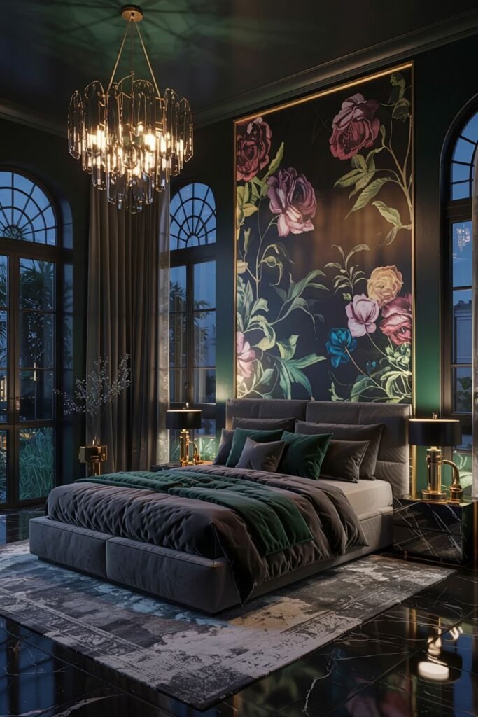 A dark, dreamy, and romantic bedroom featuring a large floral mural, velvet bedding, and a crystal chandelier.