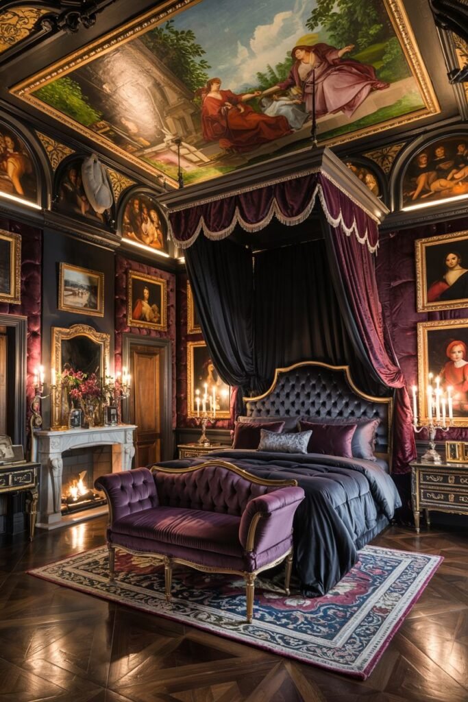 A dark, dreamy, and highly romantic bedroom with painted ceilings, a velvet canopy bed, fireplace, and ornate decor.
