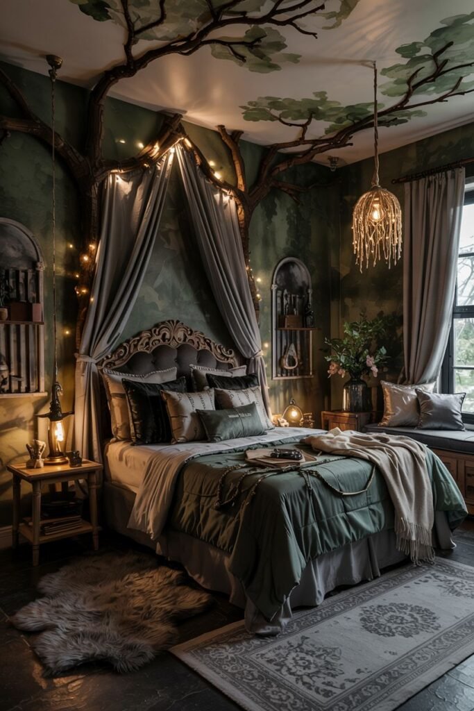 A dreamy bedroom with green walls and ceiling decor resembling tree branches, featuring a canopy bed and string lights, creating a romantic and mystical atmosphere in this dark forest-like bedroom.