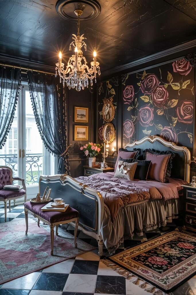 A dark, dreamy, and romantic bedroom featuring a black and white checkered floor, dark walls with a large rose pattern, and purple bedding.