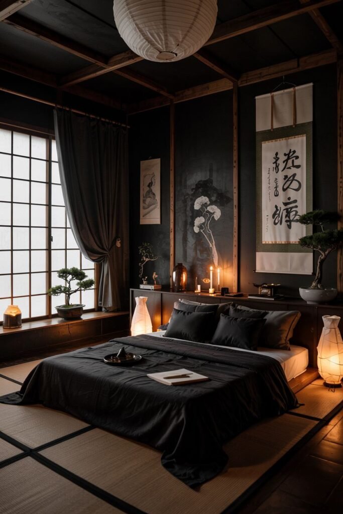 A dark, dreamy bedroom designed in a Japanese style, featuring a minimalist bed on tatami mats, with soft lighting creating a calm and intimate atmosphere, suitable for a romantic retreat in this bedroom.
