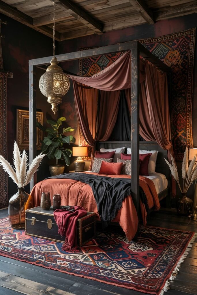 A dark, dreamy, and romantic bedroom with a bohemian feel, featuring a dark wood canopy bed, draped fabric, patterned walls and rug, and a large lantern.