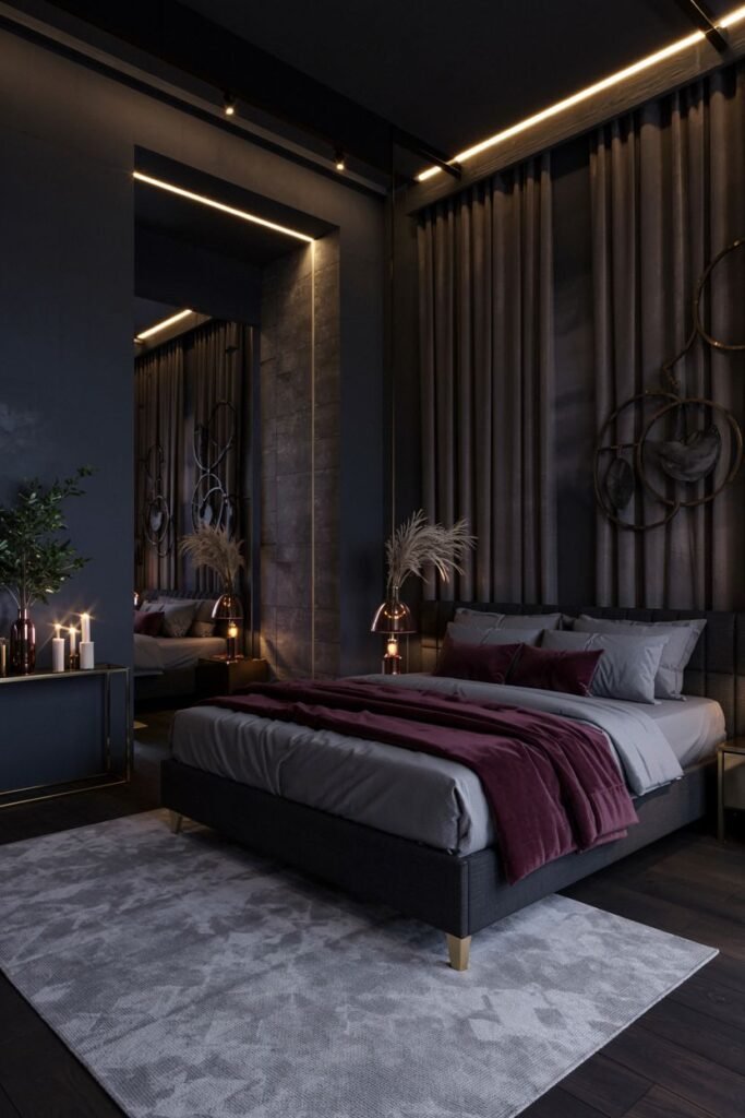 A modern, dark bedroom with accent lighting under the bed, grey and burgundy bedding, and a large mirror, creating a sleek, dreamy, and romantic ambiance.
