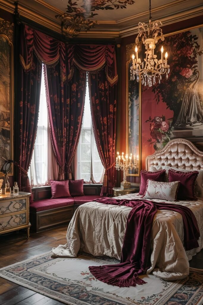 A luxurious, dreamy, and romantic bedroom featuring dramatic red and floral curtains, an ornate chandelier, tufted bed, and a large floral mural, set against dark wall accents.