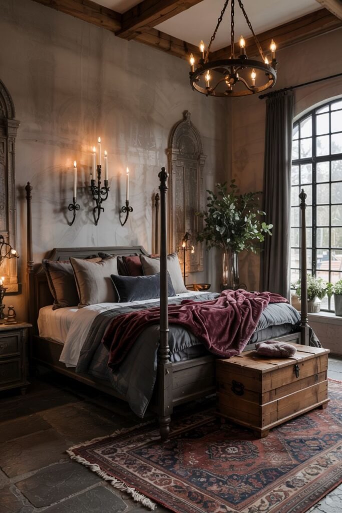 A rustic and dark bedroom featuring a dark wood canopy bed, simple bedding with a red throw, and wall sconces, creating a dreamy and romantic atmosphere reminiscent of a castle.