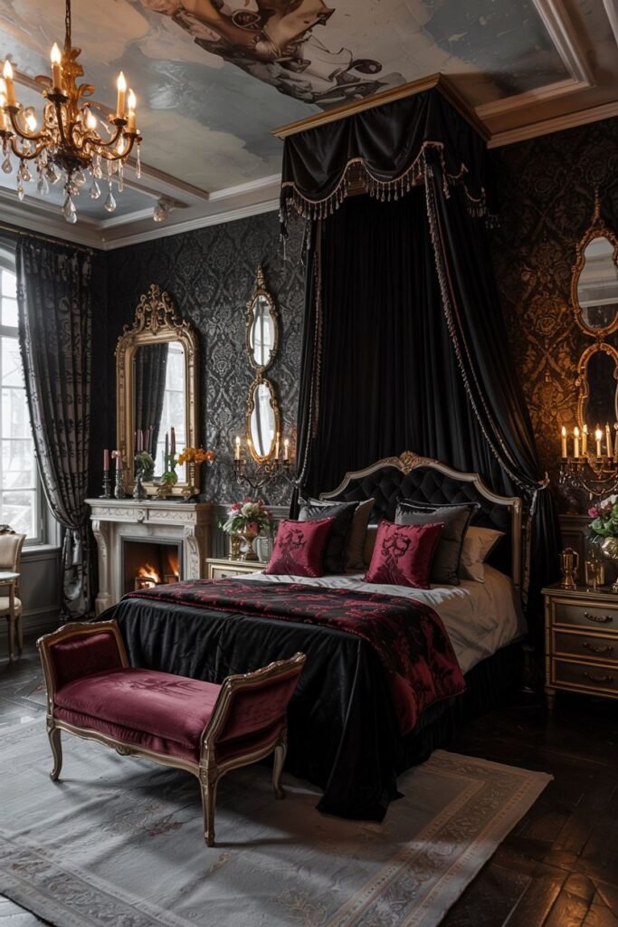 A highly ornate and dark bedroom with patterned walls, a canopy bed, mirrors, and chandeliers, creating a dreamy and romantic setting.