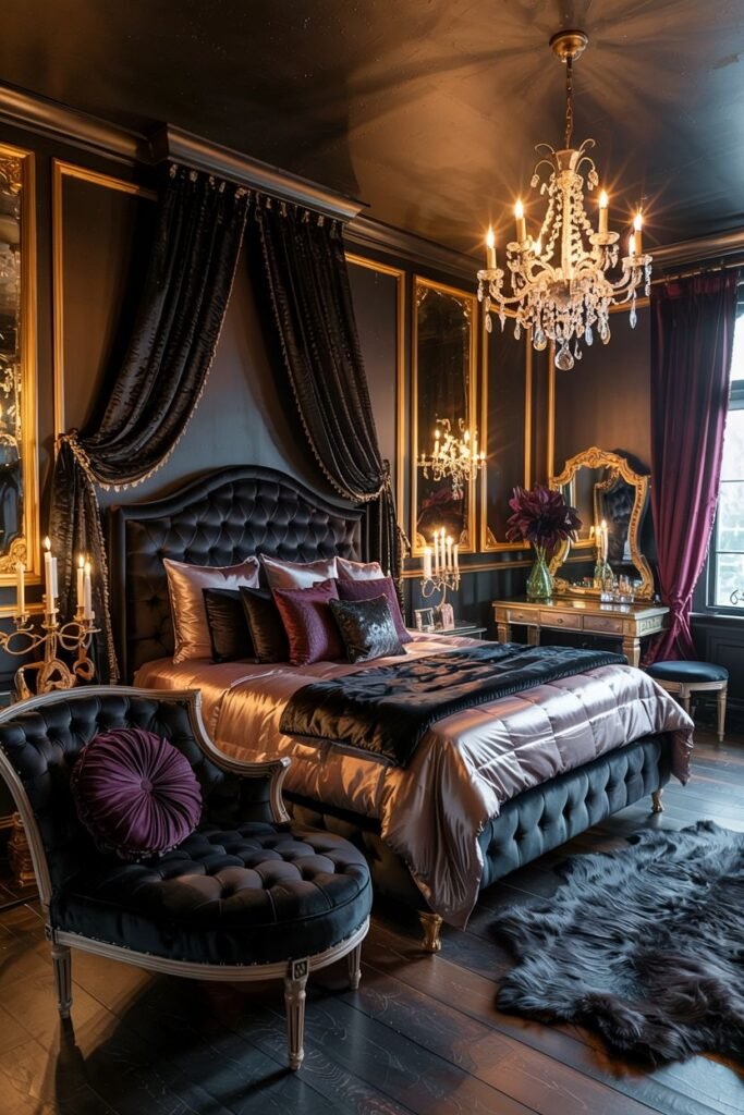A luxurious, dark, and romantic bedroom with an upholstered headboard, dark and metallic bedding, a fur rug, ornate mirror, and chandelier, creating a dreamy space.