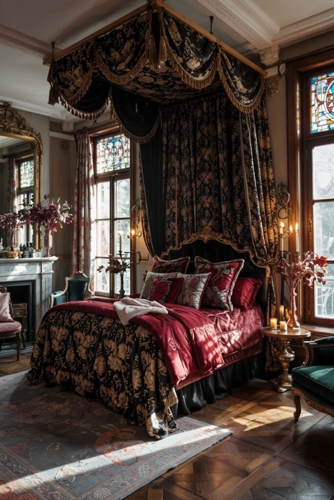 A dark, dreamy, and romantic bedroom with a lavish canopy bed draped in patterned fabric, red bedding, and lit by candlelight.