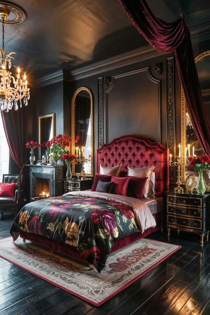 A dramatic, dark, and romantic bedroom featuring a red upholstered headboard, dark floral bedding, a fireplace, and a chandelier, creating a dreamy escape.