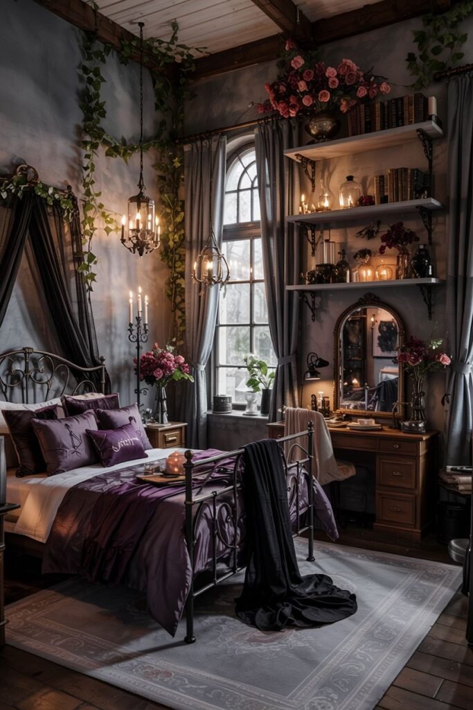 A dark, dreamy, and romantic bedroom with grey walls adorned with vines, a metal bed with purple bedding, fairy lights, and shelves filled with books and flowers.