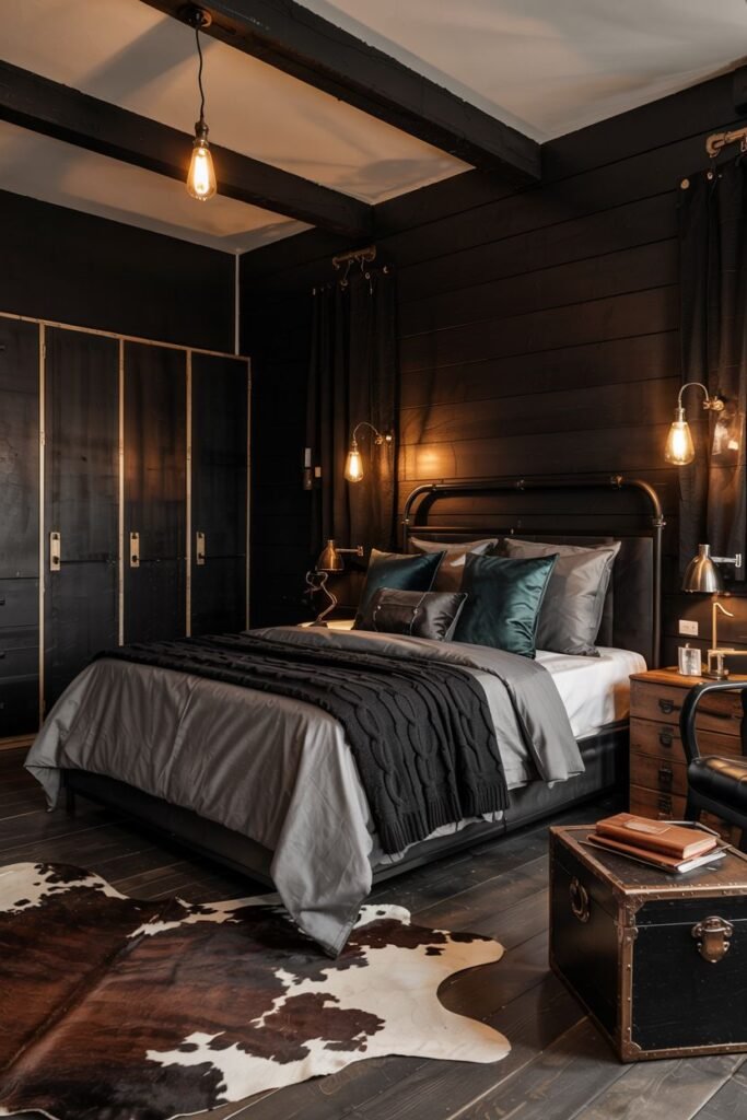 A dark bedroom with dark wood paneling and industrial lighting, featuring a metal bed with grey and green bedding and a cowhide rug, offering a retreat that feels both rugged and dreamy and romantic.