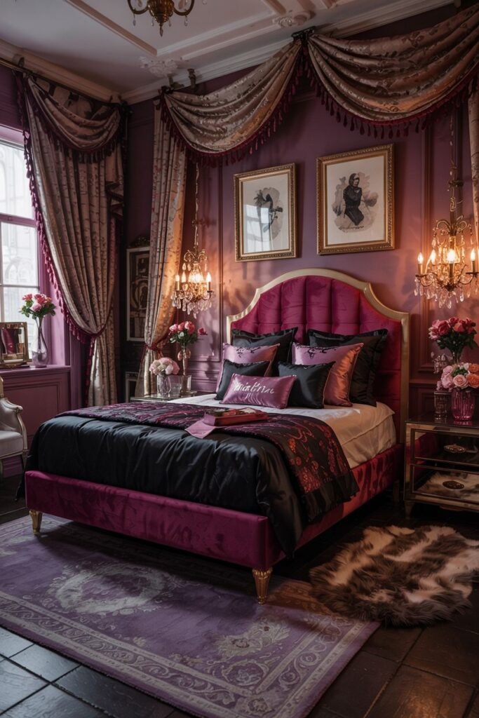 A luxurious and dramatic romantic bedroom with purple walls and a bright pink upholstered bed, featuring black floral bedding, ornate curtains, and chandeliers, creating a dark and dreamy space.