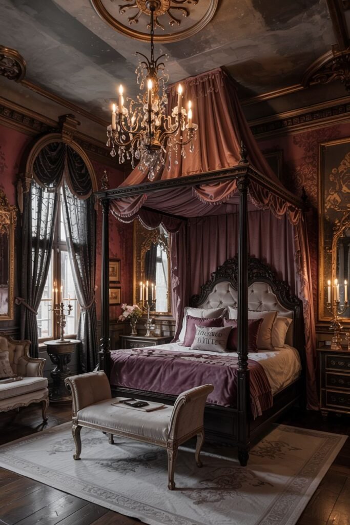 A classic, ornate, and dark romantic bedroom featuring a canopy bed with purple bedding, white bench, chandeliers, and mirrors, creating a dreamy setting.