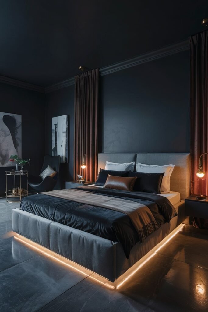 A very dark and modern bedroom with sleek furniture and under-bed lighting, featuring grey and burgundy bedding, creating a dreamy and romantic ambiance.