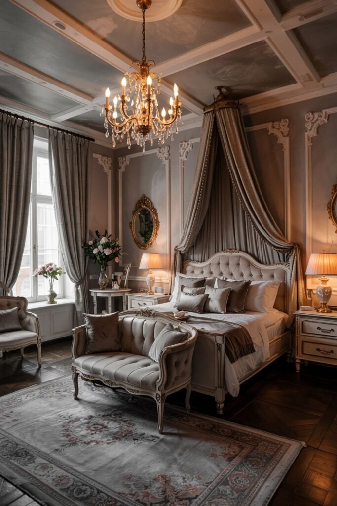 A dreamy, romantic bedroom with a canopy bed, ornate ceiling, and elegant furnishings, rendered in soft tones, fitting the description of a dark bedroom space.