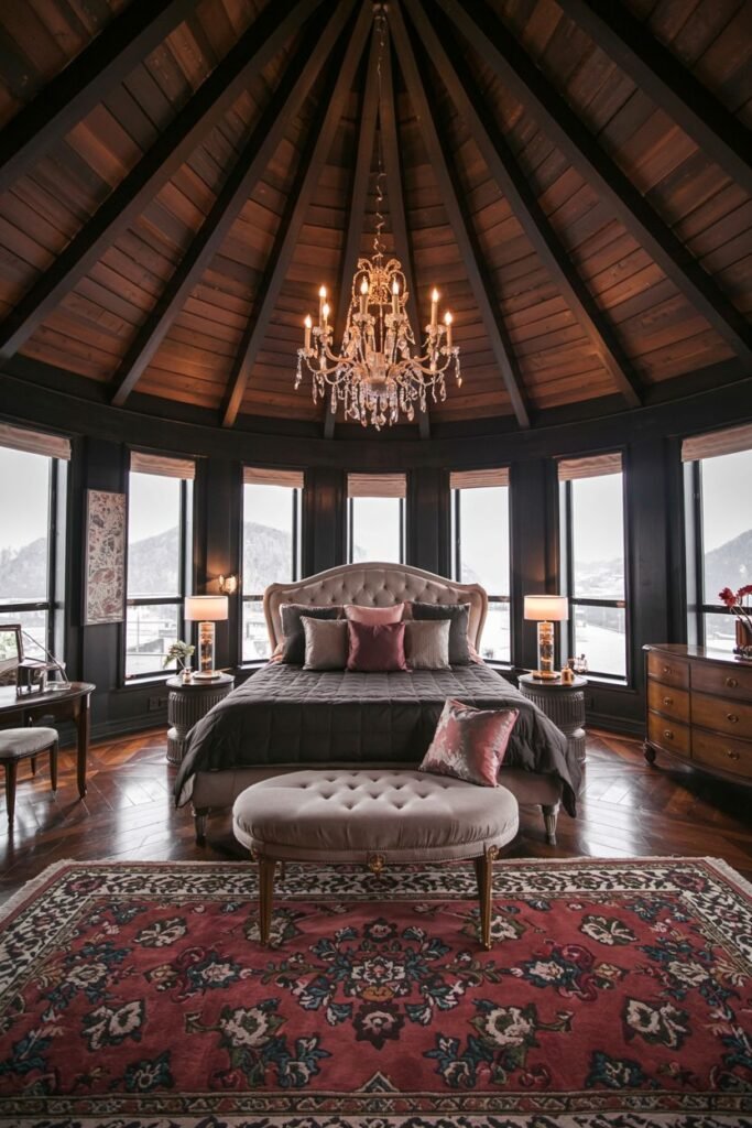 A dark, dreamy, and romantic bedroom with a dark wood paneled ceiling, tufted bed, red rug, and large windows offering a beautiful view.