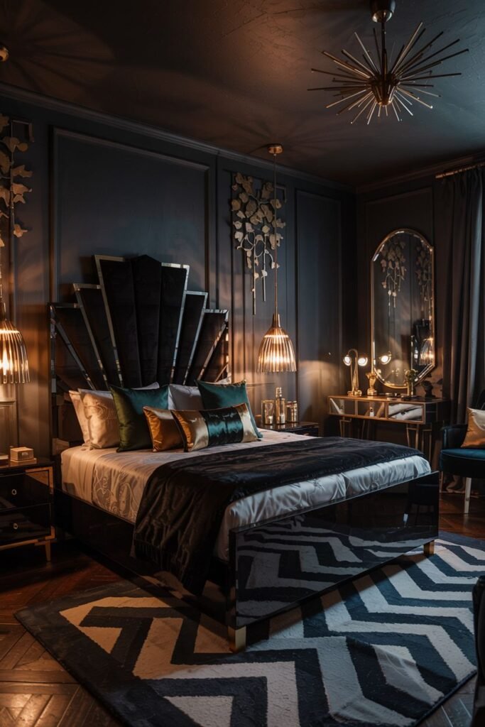 A dark, glamorous, and dreamy bedroom in an art deco style, featuring a velvet headboard, black and gold accents, an ornate chandelier, and a geometric rug, creating a romantic setting.
