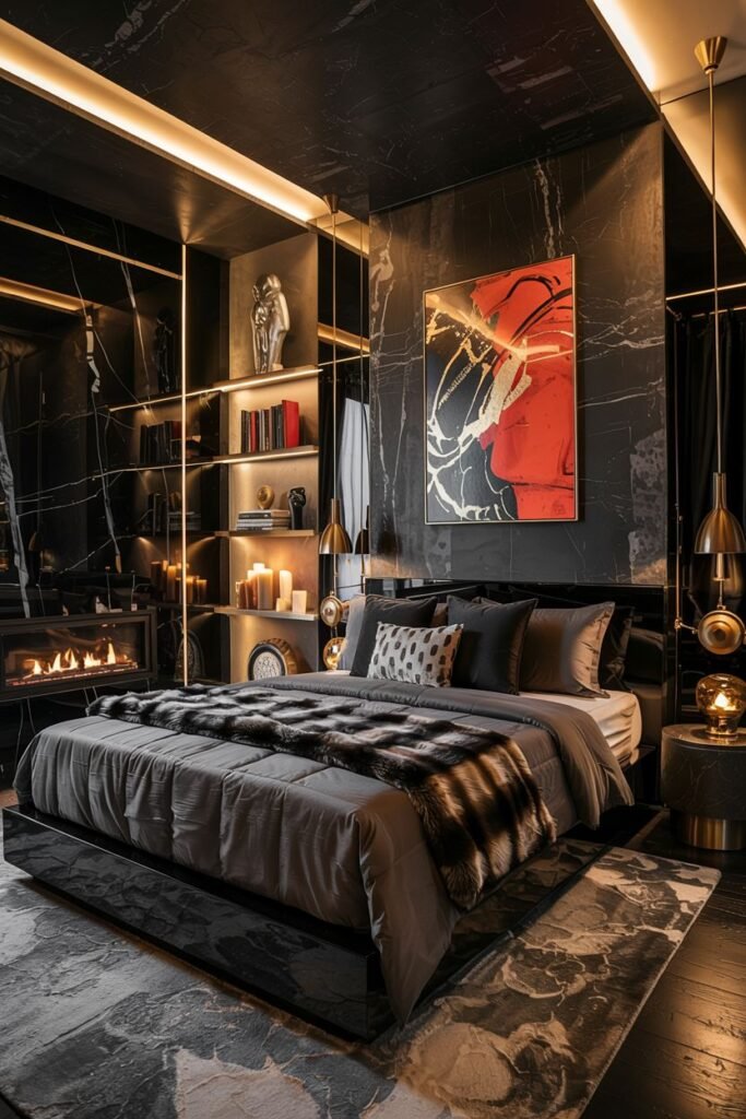 A modern, luxurious, and dark bedroom with marble walls, gold accents, a fireplace, and a bed with a fur throw, creating a dreamy and romantic atmosphere.