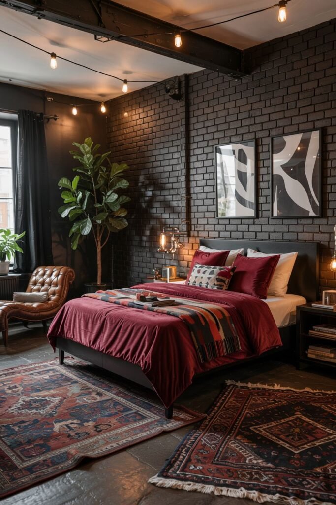A dark bedroom with black brick walls, featuring a bed with red and black bedding, string lights, creating a dreamy and romantic atmosphere.
