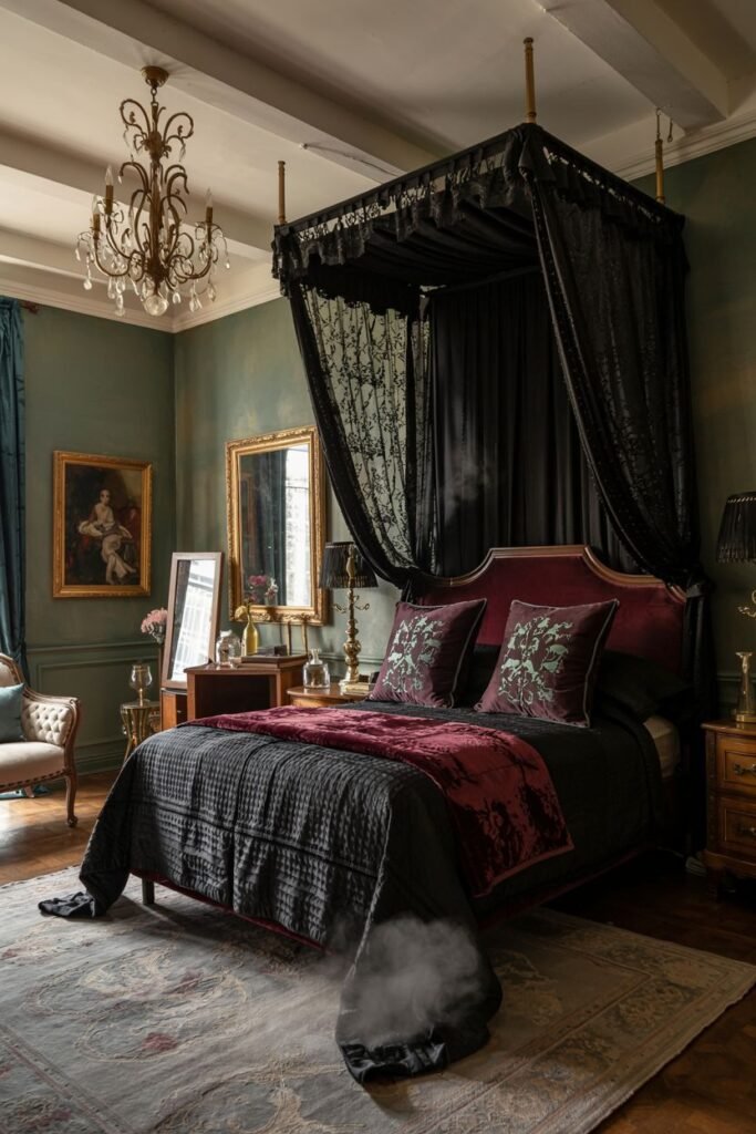 A dark, dreamy, and romantic bedroom featuring a black lace canopy bed, dark walls, a crystal chandelier, and embroidered bedding.