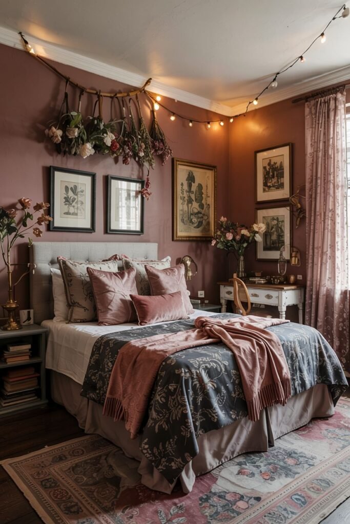 A romantic bedroom with dusky rose walls, floral decor, and string lights, creating a soft and dreamy atmosphere in this dark-toned space fitting the description of a bedroom.