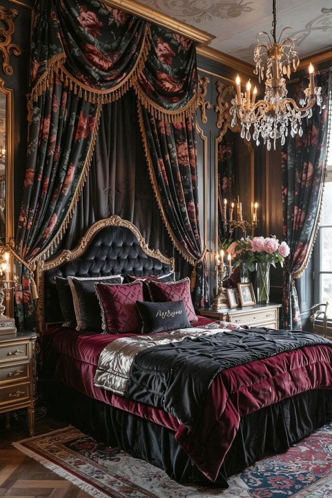 A dark, dreamy, and opulent romantic bedroom with a dramatic floral canopy, ornate chandelier, and rich dark and red bedding.