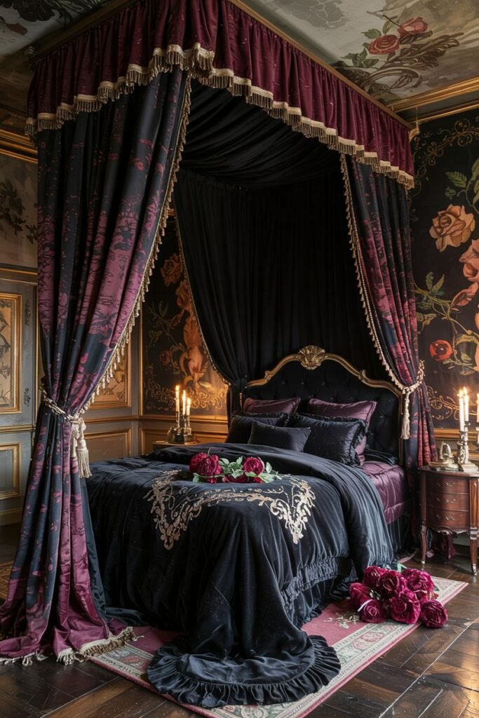 A dark, dreamy, and intensely romantic bedroom featuring a large canopy bed, dark floral walls, velvet bedding, and scattered red roses.