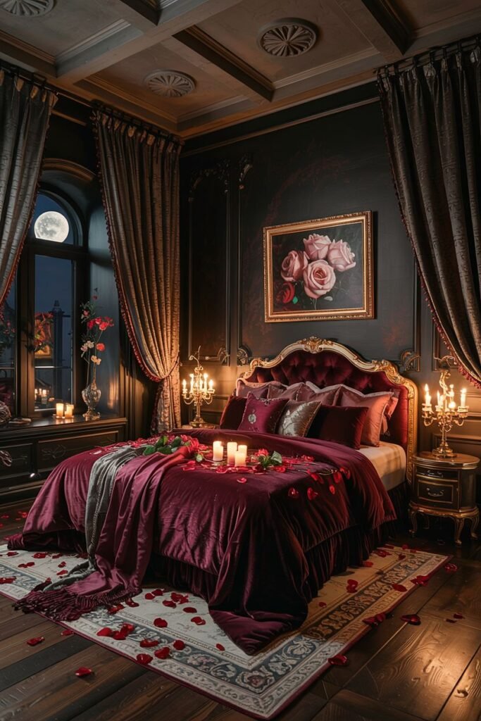 A dark, dreamy, and very romantic bedroom with red velvet bedding, red rose petals, candles, and moonlight streaming through the window.