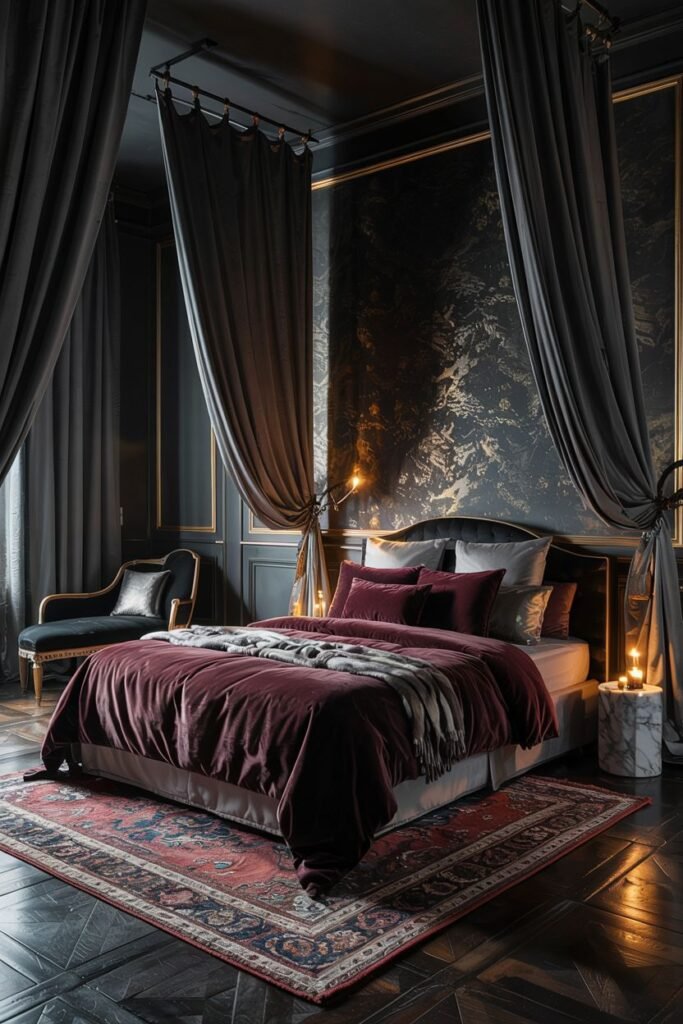 A dark bedroom with a modern, sleek design, featuring grey curtains, dark bedding with red accents, creating a dreamy and romantic feel.