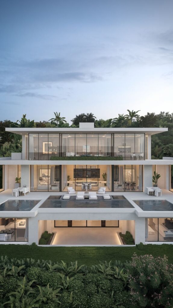 A rendering of a dreamy luxury modern residential building with three levels, featuring large glass walls, terraces with seating, pools on the lower levels, and lush tropical landscaping under a twilight sky.