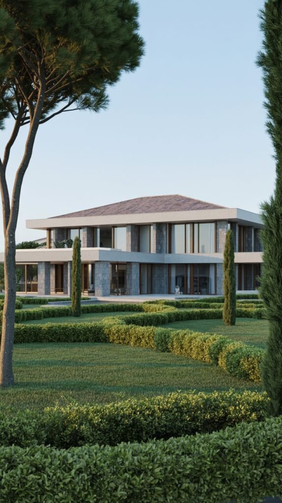 A dreamy luxury modern house with a stone facade and large windows, set within a formally designed garden featuring manicured hedges and tall trees.