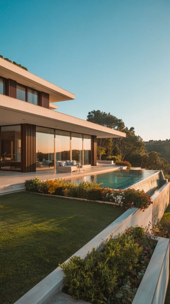 A dreamy luxury modern house with large glass walls and balconies, an infinity pool that appears to spill over an edge, and tiered landscaping with colorful flowers, captured during golden hour light.