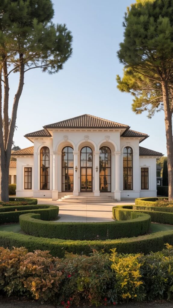 A dreamy luxury white classical-style building featuring large arched windows and entrance, prominent columns, and a formal circular garden with manicured hedges and trees in the foreground.