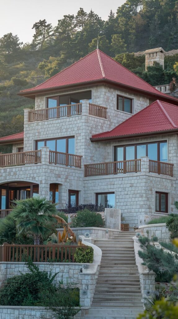 A multi-level dreamy luxury stone house with a red tiled roof, built into a hillside, featuring multiple balconies with wooden railings and a grand stone staircase leading up to the entrance.