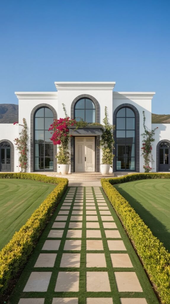 The striking front facade of a dreamy luxury white house featuring large arched windows with dark frames, a central entrance, and a patterned walkway leading through a manicured lawn bordered by hedges.