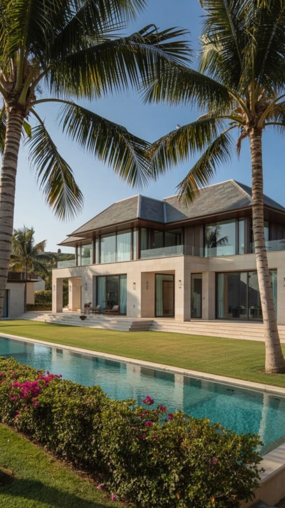 A dreamy luxury modern white house with a grey roof, multiple balconies, and extensive glass, situated behind a long pool and lawn, framed by palm trees.