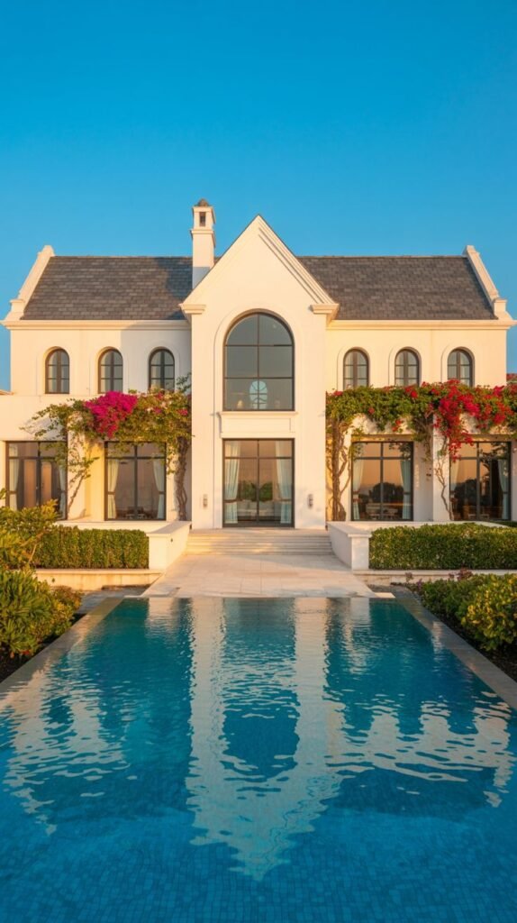 A picturesque, white dreamy luxury house with a grey gabled roof, featuring a large central arched window and smaller arched windows, a pool reflecting the building, and red bougainvillea climbing the walls.