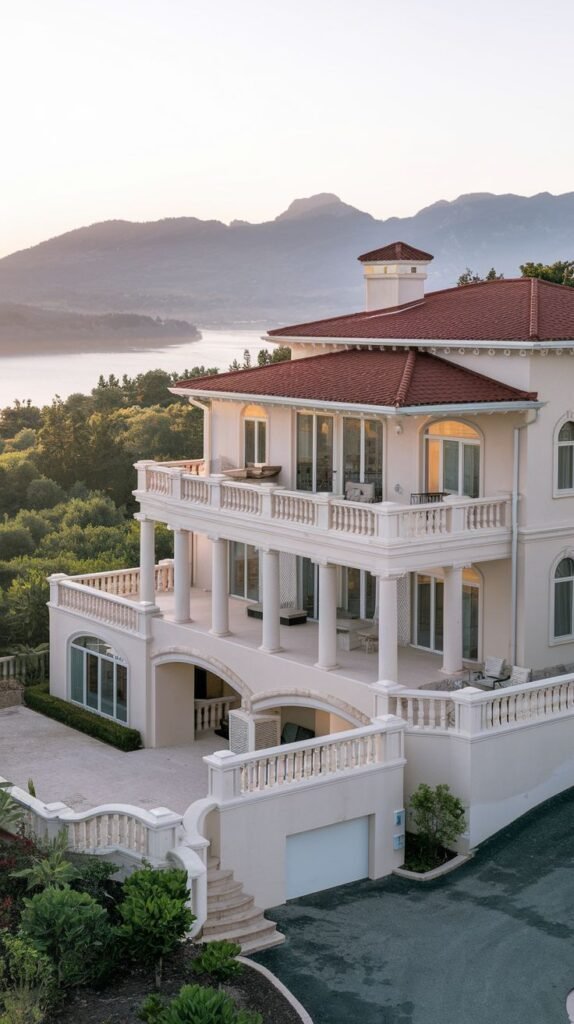 An elevated view of a large, white dreamy luxury house with a red tiled roof, located on a hillside overlooking a lake or body of water, featuring multiple levels, balconies supported by classical columns, and balustrades.