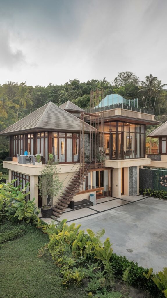 A multi-level dreamy luxury house with tiled roofs, large glass windows, balconies, and an external spiral staircase, surrounded by dense tropical vegetation.