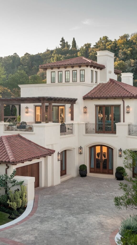 A dreamy luxury stucco house with a red tiled roof, set against a wooded hillside, featuring multiple levels, balconies with railings, a wooden pergola, and a paved driveway leading to the entrance.