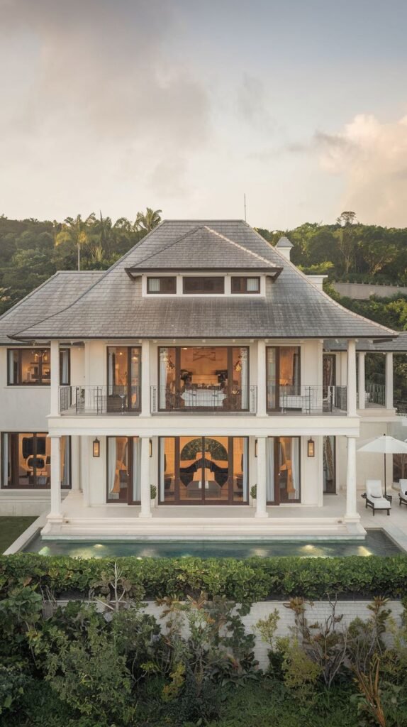 The symmetrical front view of a large, white dreamy luxury house with a grey tiled roof, prominent columns flanking large central windows, a pool in the foreground, and dense, manicured landscaping.