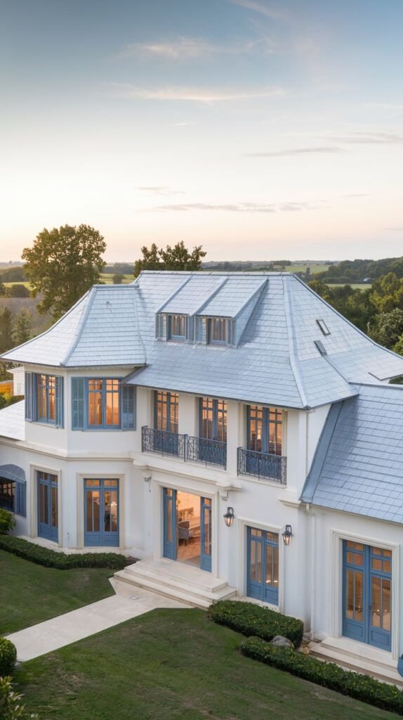 An elevated view of a dreamy luxury white house with a grey tiled roof, blue shutters, and balconies with blue railings, set within a landscaped yard against a backdrop of rolling hills and a sunset sky.