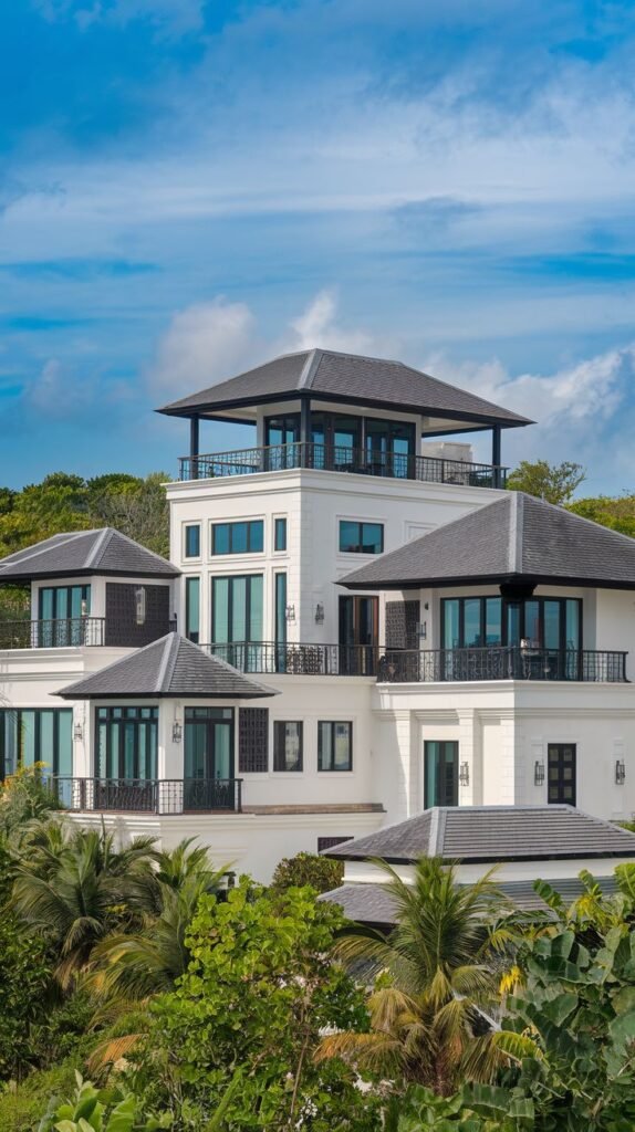 A dramatic dreamy luxury multi-level white building with dark tiled roofs and balconies, rising tiered amongst tropical trees against a bright blue sky with clouds.