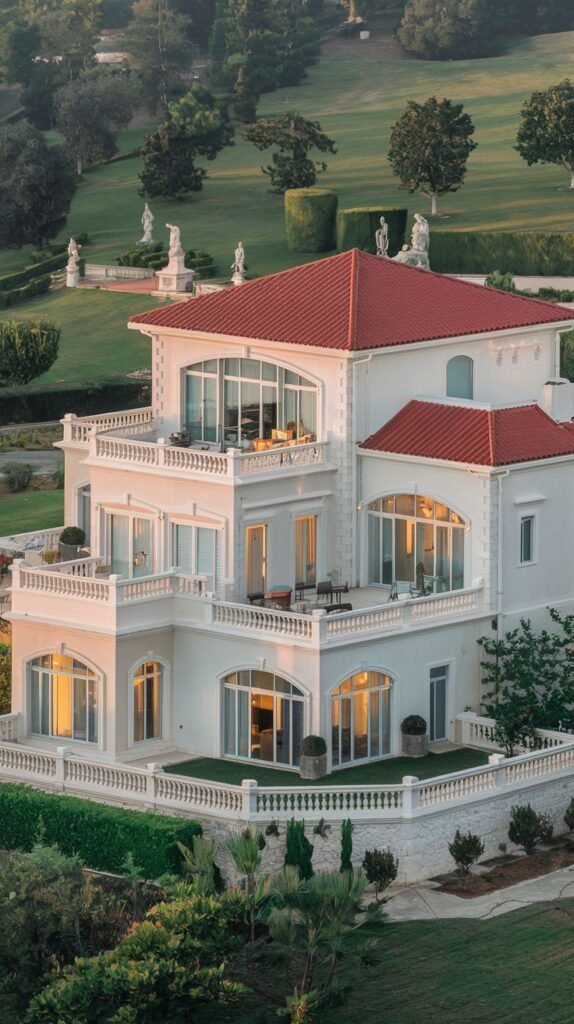 An aerial view of a large, white dreamy luxury house with a red tiled roof and multiple balconies featuring balustrades, overlooking a formal garden area with sculptures.