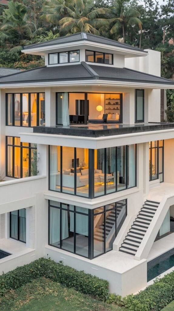 Dreamy luxury multi-level modern house with expansive glass windows, black framed accents, terraces, and an outdoor staircase leading to a pool area, surrounded by tropical foliage.