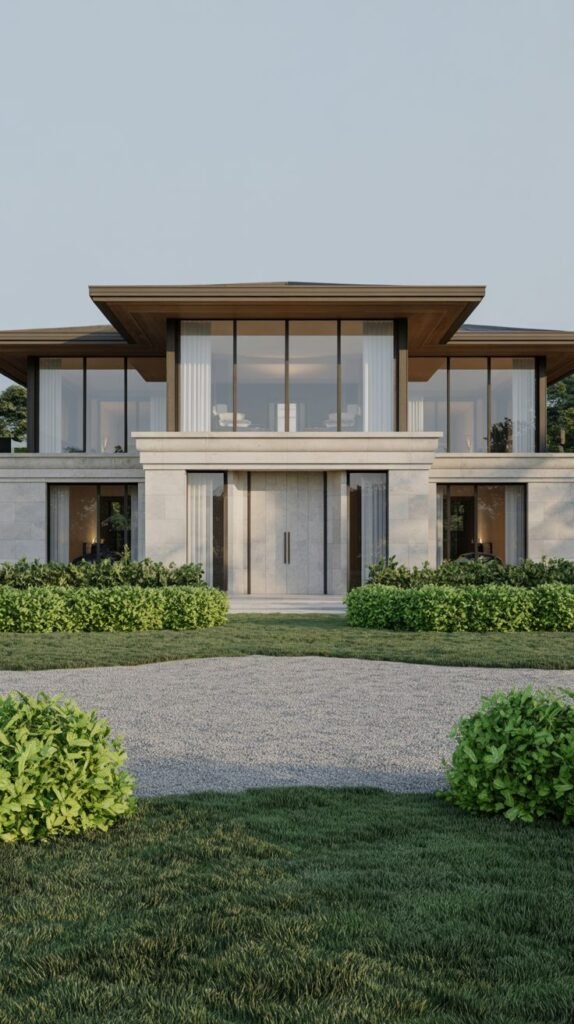 The symmetrical front view of a dreamy luxury modern house facade with large glass windows, a wide central entrance, and meticulously manicured landscaping with bushes and a gravel driveway.