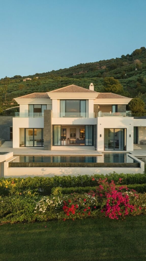 A dreamy luxury white house with a tiled roof, multiple levels, extensive glass windows, an infinity pool, and vibrant flowers in a garden bed, set against a gently sloping green hillside.