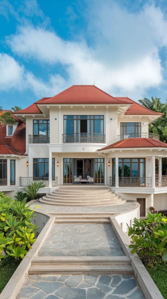 The grand entrance of a dreamy luxury white house with a red tiled roof, featuring a wide curved staircase, multiple balconies with intricate railings, and lush surrounding landscaping.