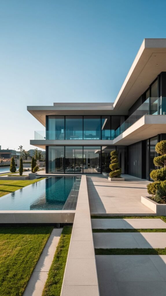 A dreamy luxury modern house with stark white and grey elements, clean lines, extensive glass walls, a large infinity pool, and minimalist landscaping under a clear blue sky.